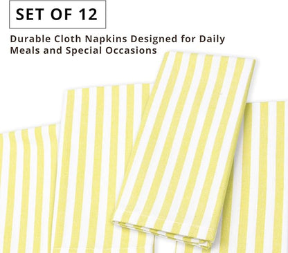 PurpleEssences Plain Striped Cloth Napkins - Set of 12-100% Cotton - 18 x 18 Inch - Spring Easter Summer and Perfect Everyday Use Dinner Napkin - Yellow and White