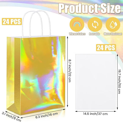 MIMIND 24 Pack Iridescent Paper Gift Bags with Handles Holographic Party Favor Bags with Tissue Paper 8.7 x 6.3 x 3.1 Inch Glitter Gold Foil Goodie Candy Bag for Wedding Baby Shower Birthday Party