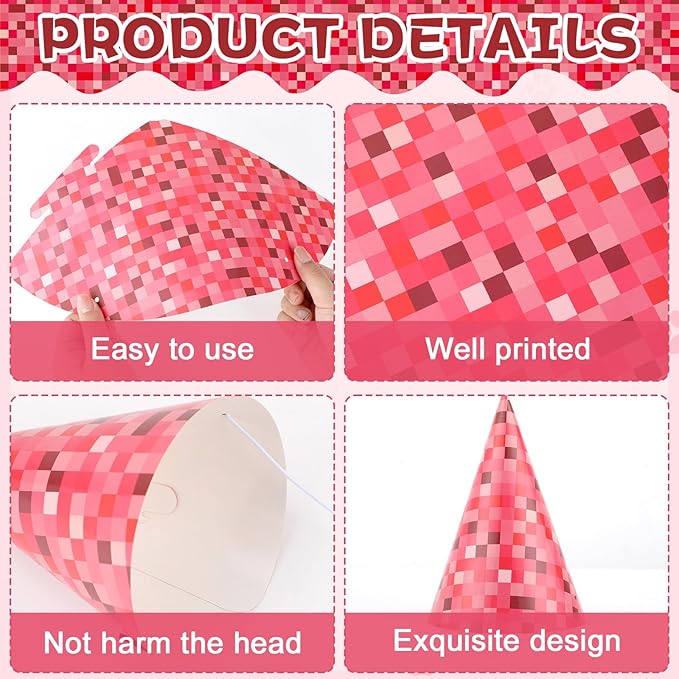24pcs Pixel Video Game Mining Party Hats Pixelated Theme Headband Birthday Supplies Pixel Game Themed Miner Cone Hat Colorful Pixelated Paper Hats for Shower Photo Prop Gamer Party Favor