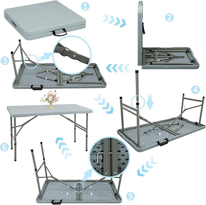 Set of 2 Folding Table 4FT Camping Table Portable Heavy Duty Plastic Rectangular Outdoor Dining Table Steel Legs Fold-in-Half with Carrying Handle for Indoor,Picnic,Party,Wedding,Events(Grey)