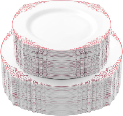 100 PCS White and Rose Gold Plastic Plates for 50 Guests, Rose Gold Disposable Plates Include 50 PCS Dinner Plates, 50 PCS Dessert Plates for Party, Wedding and Baby Shower