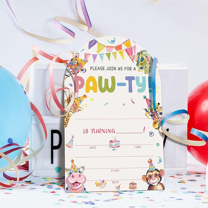 Jungle Animals Birthday Party Invitations, Animals Paw-Ty Invitations with Envelopes, 20 Fill-In Birthday Party invites for Boy Girl, Party Decorations Supplies (arch)