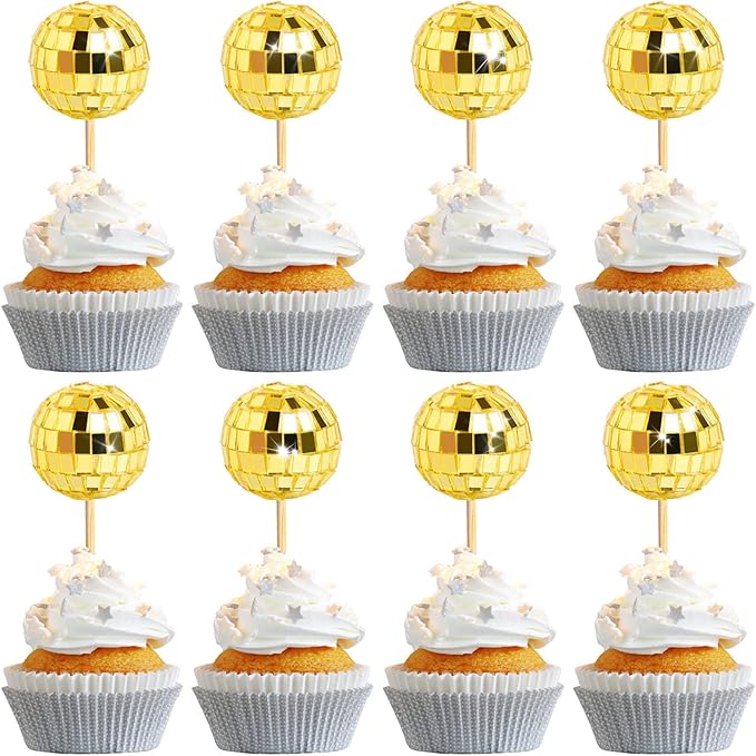 24 PCS Gold Disco Ball Cupcake Toppers, Disco Ball Cake Topper, Mini Disco Ball for 70s Disco Theme Party, 50th Birthday Party Golden Cake Decorations