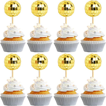 24 PCS Gold Disco Ball Cupcake Toppers, Disco Ball Cake Topper, Mini Disco Ball for 70s Disco Theme Party, 50th Birthday Party Golden Cake Decorations