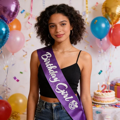 Birthday Girl Sash, Disco Cow Birthday Sash for Cowgirl Funny Birthday Gift Ideas Suppiles, Purple+ Silver Foil