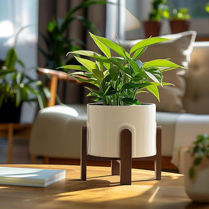 La Jolie Maison White Planter with Wood Stand, Large Ceramic Planter for Indoor Plants, 9 Inch Modern Planter Pots Whit Drainage Hole