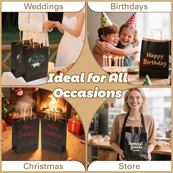 MAQIHAN Small Kraft Bags with Handles - 15 Pcs Kraft Gift Paper Bags Black Bag Gift Bag Craft Bag with Candy Birthday Party Favor Christmas Valentines Shopping Small Business