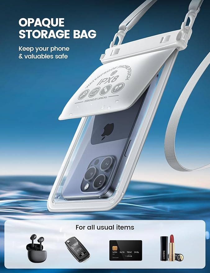 Lamicall Double Bag Waterproof Phone Pouch - IPX8 Waterproof Phone Case with Lanyard, Beach Vacation Cruise Ship Essentials for iPhone 16/14/13 Pro Max, Galaxy 25/24/23, 4-7.5" White