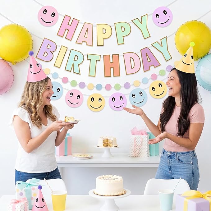 AmazingSpark 25 Pcs Smile Face Birthday Party Set Includes 24 Retro Smile Face Pattern Cone Hats with Pompoms and 1 Happy Birthday Banner for Parties Baby Shower Photo Props Decorations