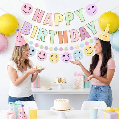 AmazingSpark 25 Pcs Smile Face Birthday Party Set Includes 24 Retro Smile Face Pattern Cone Hats with Pompoms and 1 Happy Birthday Banner for Parties Baby Shower Photo Props Decorations