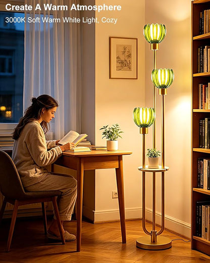Lightdot 3-Lights Glass Floor Lamp for Living Room Modern Gold Floor Lamps with Lotus Green Glass Shade& Bulbs Included for Wedding/Party Tall Standing Lamp for Bedroom/Sofa Beside/Corner Decor