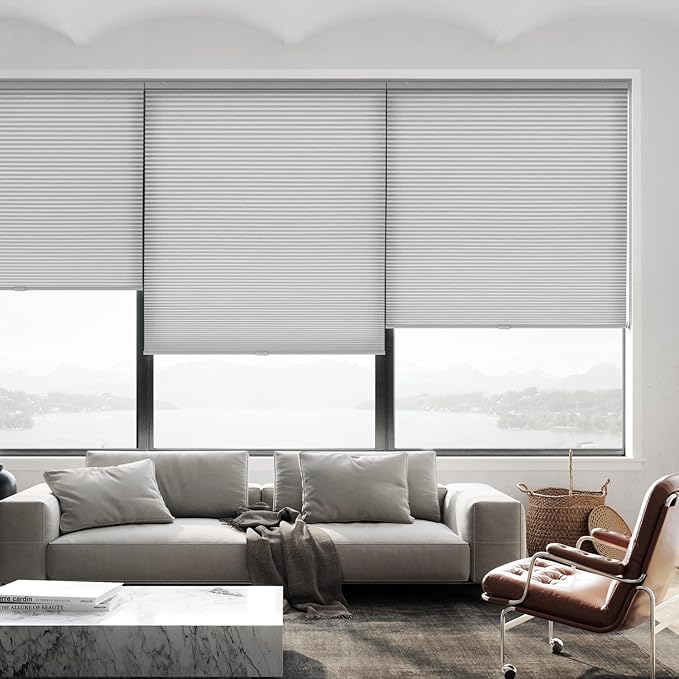 LazBlinds Cordless Cellular Shades, Light Filtering Honeycomb Shades for Home, Thermal Insulation Noise Reduction Blinds for Windows, 34'' W x 64'' H, Grey