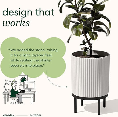 Veradek Demi Series Round Planter w/ Stand for Porch/Patio | Durable Plastic-Concrete & Wooden Stand | Modern Décor for Tall Plants, Flowers