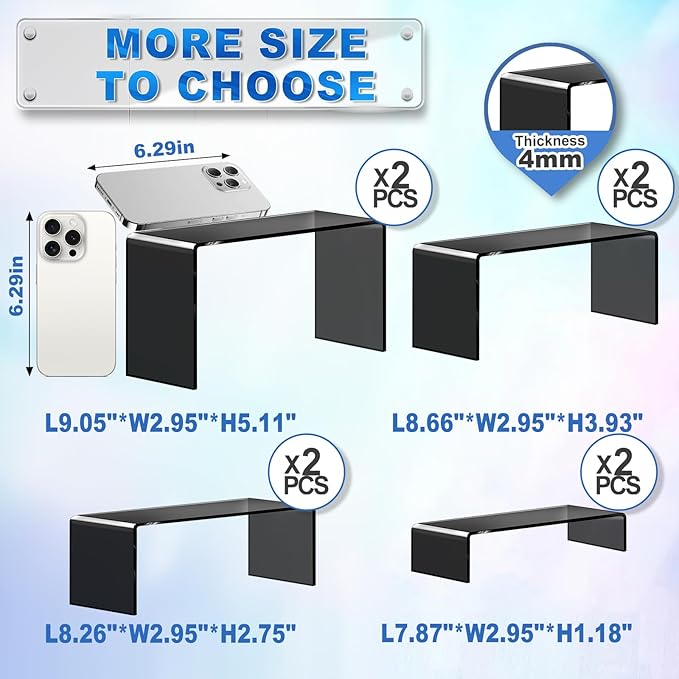 Aheroi Acrylic Risers, 8 Pcs 2 Set(7”L~8”L~9”L) Display Risers, Black Arylic Display Stands Acrylic Shelf Riser, Display Holders for Vendor Events, Cupcake Stands, Toys Display Clear Shelves