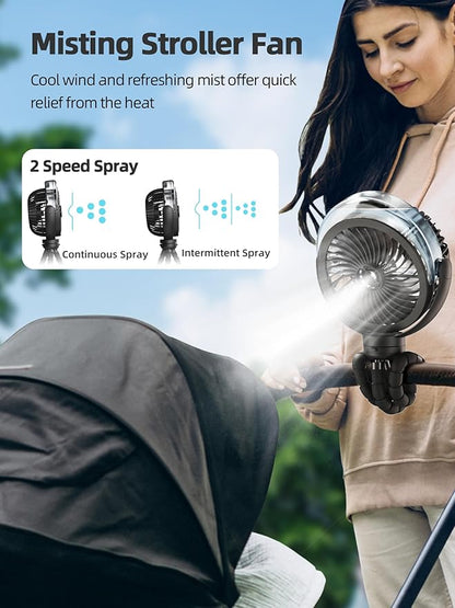 Misting Stroller Fan, 6000mAh Battery Operated Portable Fan with Light & 360° Pivoting, Personal Fans with Flexible Tripod for Baby, Office, Travel,Treadmill,Outdoors