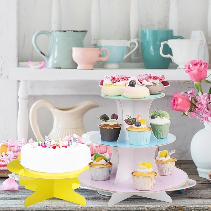 6 Pieces Colorful Cupcake Stand Set 3 Tier Cardboard Dessert Tower 1Tier Cupcake Display Stand Serving Cupcake Holder for Birthday All Themed Party Events Cake Display, Pink, Blue, Yellow