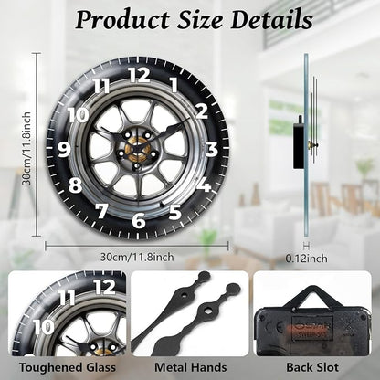 peacoblue Wall Clocks Battery Operated 12 Inch Car Tires Glass Round Wall Clock Non Ticking for Kitchen Living Room Dining Room Bedroom and Bathroom Decor Accessories (Battery not Included)