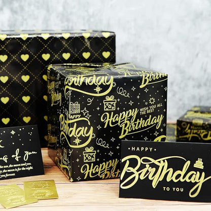 Happy Birthday Wrapping Paper for Man Women,6 Sheets Black Gold Birthday Love Heart Gift Wrapping Paper with 2 Greeting Cards for Girl Boy Wedding Graduation Christmas Gift Wrap Paper,28*20 Inch
