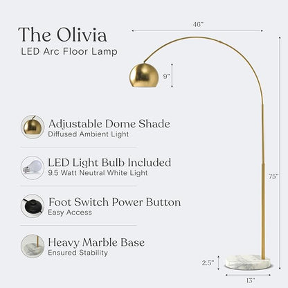 Brightech Olivia Floor Lamp - Chic Arc Lamp with Rounded Spolight Head and Marble Base for Living Room, Tall Standing Lamp with LED Light Bulb for Bedroom Reading, Boho Home Decor for Office - Brass