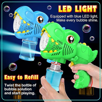 Kids Bubble Gun 2 Pack Dino Bubble Machine Gun for Toddlers with 4 Solutions Outdoor Toys Automatic 13-Hole Bubbles for Kids Blower Maker Easter Basket Stuffers Valentines Gift Party for Boys Girls