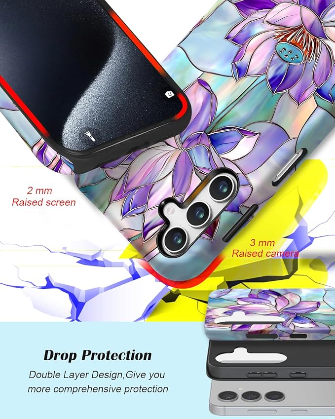 Compatible for Samsung Galaxy A57 5G Case, Dual Layer Heavy Duty 2 in 1 Shockproof Protective Phone Case,Stained Glass Lotus Flowers