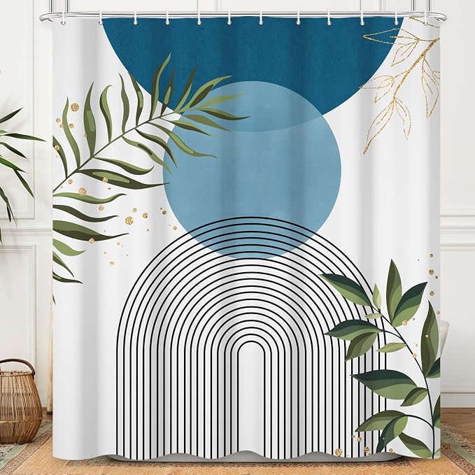 Boho Mid Century Shower Curtain, Light Blue Modern Minimalist Abstract Geometric Gold Plant Leaves Sun Arch Bathroom Curtains Waterproof Fabric Buthtub Curtain Set with Hooks 72" Wx84 L