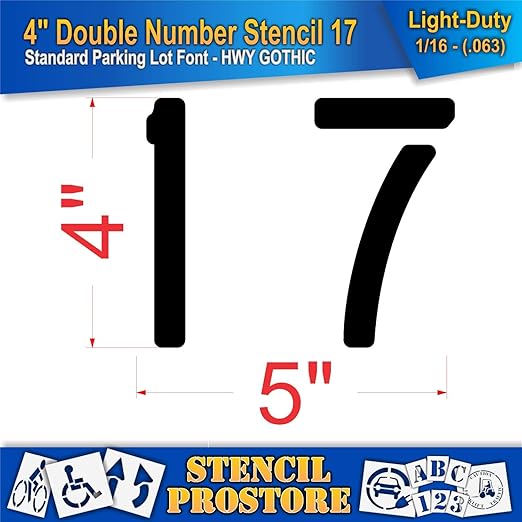 Pavement, Curb, and WheelStop Stencils - 4 inch Double Number Stencil - (17) - 4" x 4" x 1/16" (63 mil) - Light-Duty