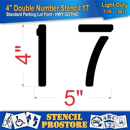 Pavement, Curb, and WheelStop Stencils - 4 inch Double Number Stencil - (17) - 4" x 4" x 1/16" (63 mil) - Light-Duty