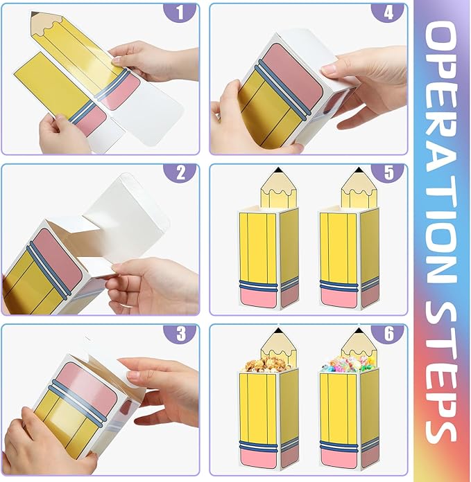 Harloon 50 Pcs Pencil Gift Boxes Teacher Thank You Gift in Bulk Graduation Pencil Popcorn Treat Boxes Back to School Candy Popcorn Holders for Classroom Office