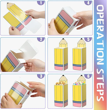 Harloon 50 Pcs Pencil Gift Boxes Teacher Thank You Gift in Bulk Graduation Pencil Popcorn Treat Boxes Back to School Candy Popcorn Holders for Classroom Office
