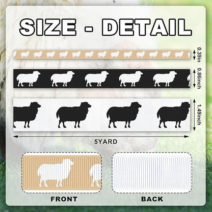 YKW Sheep Pattern Grosgrain Ribbon Set - 3 Widths (3/8", 7/8", 1.5") x 5 Yards Each - Black, White & Beige Silhouette Ribbons for Crafts, Gift Wrapping, Wedding & Party Decoration
