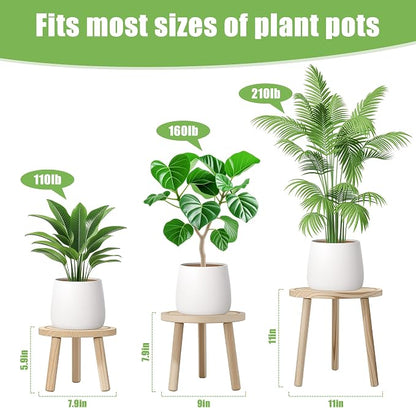 Wood Plant Stands Indoor, 3-Pack Single Plant Stand for 6-12 Inch Pots, Mid-Century Modern Plant Stool, Tall Wooden Plant Stand for Large Plants Perfect Fit for Living Room, Balcony, Office(Light Brown)