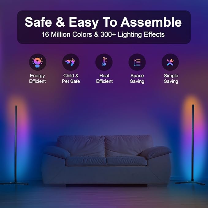 2 Pack Corner Floor Lamp - 57'' Tall RGB Lamp with Music Sync, 16 Million Colors, 88 LED Dual RGB White, Voice & App Control Mood Light with Timer & Remote for Gaming, Bedroom & Living Room