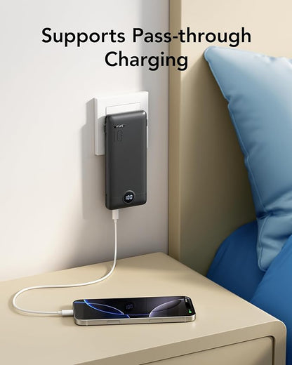 VRURC Portable Charger Power Bank - 10000mAh Fast Charging PD 20W with Wall Plug Slim Portable Charger Built in Cables USB C Portable Phone Charger Travel Accessories -Black(1 Pack)