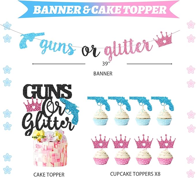 Hombae Guns or Glitter Gender Reveal Decorations, 169 PCs Boy or Girl Gender Reveal Decorations What Will Baby Be Backdrop Balloon Garland Banner Tablecloth Cake Cupcake Topper Cutout Poster Sash
