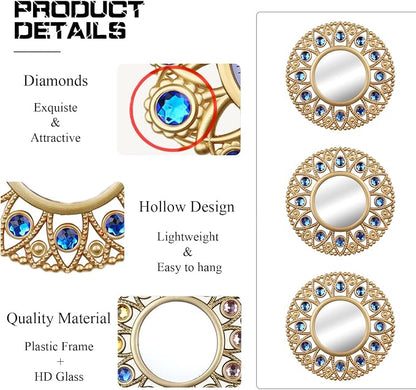 DXYAKY Gold Round Decorative Wall Mirrors Set of 3, Lightweight Plastic Framed Mirrors with Blue Crystal Accents, 9.8 Inch Vintage Boho Wall Decor for Livingroom, Bedroom, Entryway