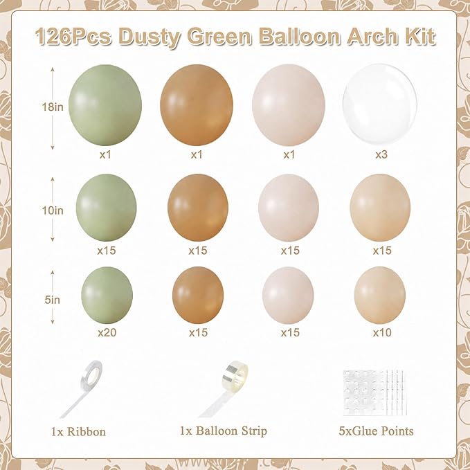 Sage Green Balloon Arch Kit 126Pcs Neutral Balloon Garland Arch Kit Include Dusty Green Sand White Tan Nude Clear Balloons for Wedding Boho Baby Shower Gender Reveal Birthday Party Decorations