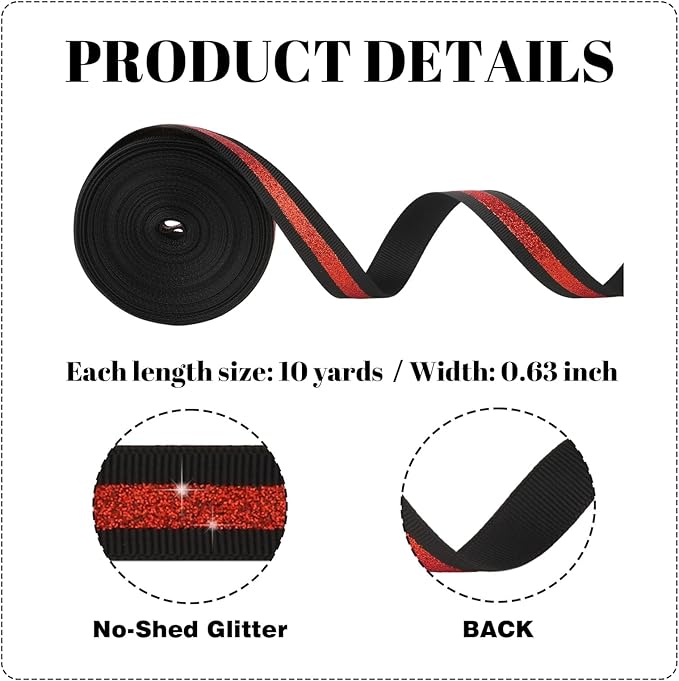 Black Red Glitter Grosgrain Ribbon 5/8" x 10 Yards - No-Shed Cheer Ribbon for Cheerleading Hair Bows, Homecoming Mum Supplies, Team Spirit Crafts, Valentine Gift Wrapping Party Decorations
