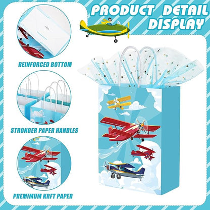 Outus 24 Pcs Airplane Party Favor Bags Paper Airplane Goodie Bags Plain Gift Pouch‌ Blue Aircraft Candy Treat Pouch‌ with Handles for Birthday Party Decorations Supplies