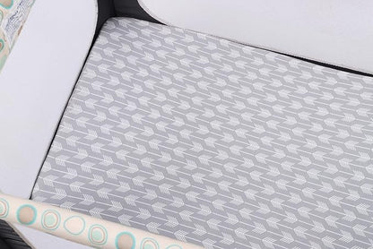 Onacosht Pack n Play Sheets 3 Pack for Baby Unisex, Stretchy Jersey Knitted Portable Mini Crib Sheets Playard Mattress Cover for Baby Boys and Girls, Clouds Stripes and Arrow Printing