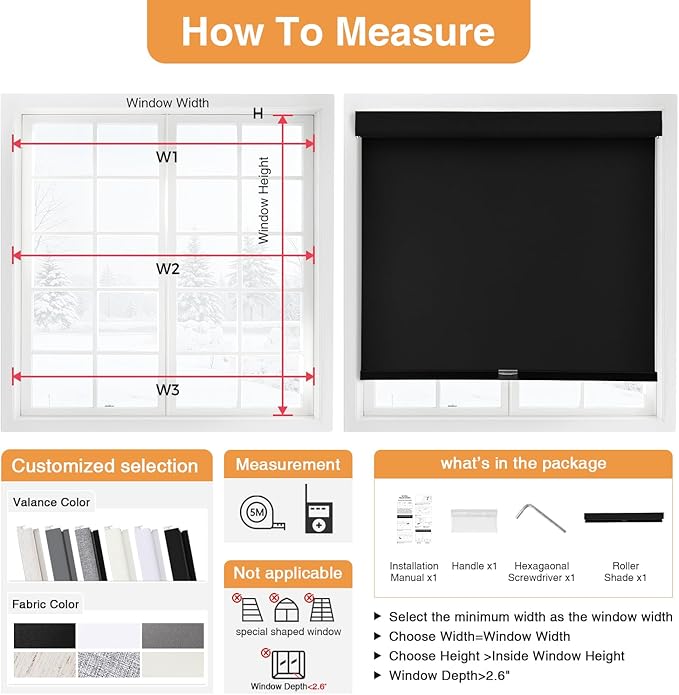AOSKY No Drill Cordless Blackout Roller Shades with Valance,Customize Blinds for Indoor Windows,Room Darkening Window Shades Pull Down with Free-Stop Spring System, UV Protection for Home Black
