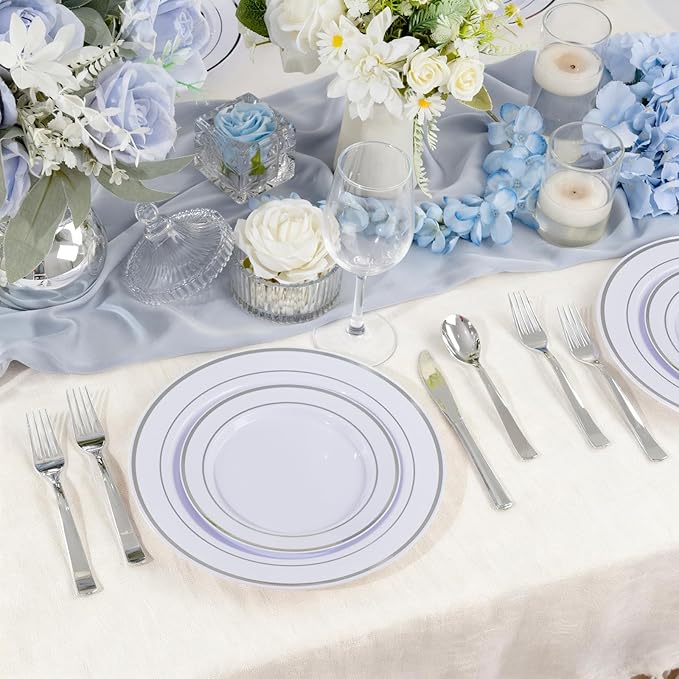 100Pcs White Plastic Dessert Plates, Disposable Salad Plate with Silver Rim, Premium Hard Fancy Small Plates, Heavy Duty Plastic Cakes Plates for Party, Wedding and Birthday