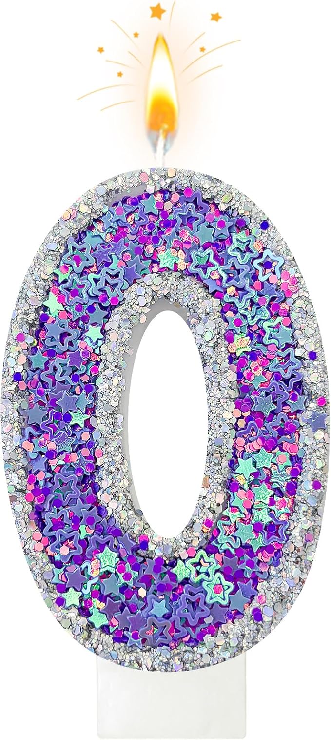 K-pop Number 0 Birthday Candle, Star Glitter Filled Number Candle, Purple Silver Fantasy Cake Topper for Birthday Party Decoration