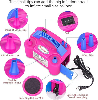 IDAODAN Electric Balloon Pump, Portable Electric Balloon Blower Machine Balloon Air Pump Dual Nozzle Rose Red 110V 600W Balloon Inflator for Party Decorations