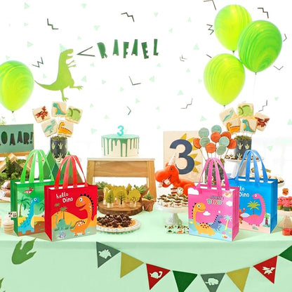Pinsit 40 PCS Colorful Dinosaur Party Favor Bags, Non Woven Dinosaur Goodie Bags, Dinosaur Themed Reusable Gift Bags with Handles for Boys Girls Birthday Baby Shower Party Supplies