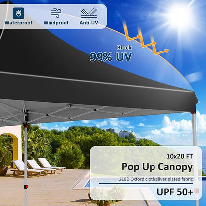 COBIZI 10x20 Pop Up Canopy with 6 Sidewalls, Conical Party Tent 10x20 with 3 Adjustable Height Waterproof, UV-Resistant with Carry Bag, Sandbag, Stake, Ropes for Parties, Commercial (Frame Upgraded)
