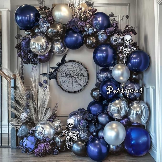 Navy Blue Black Balloon Garland - Double Stuffed Dark Royal Blue Black Balloon Arch Kit with Silver Foil for Birthday Graduation Prom Wedding Baby Shower Party Decoration