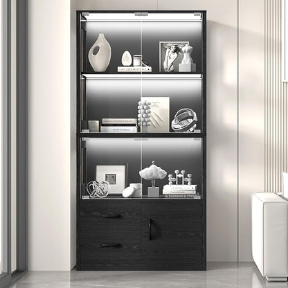 Display Cabinet with Glass Doors, 4-Tier Display Case with 3-Color Lights &