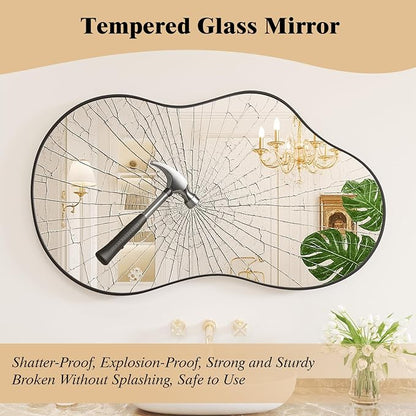 WEER Irregular Wall Mirror, 24x36 inch Black Asymmetrical Wall Mounted Mirrors Decorative, Abstract Wavy Aluminum Alloy Frame for Bathroom, Bedroom, Living Room, Entryway