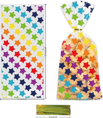 50 Pcs Rainbow Cellophane Treat Bags, Polka Dot Stripes Stars Printed Pattern Mixed Bags, Goodie Candy Favor Bags with Twist Ties for Pride Day, Baby Birthday Party Supplies(5inch x 10inch)